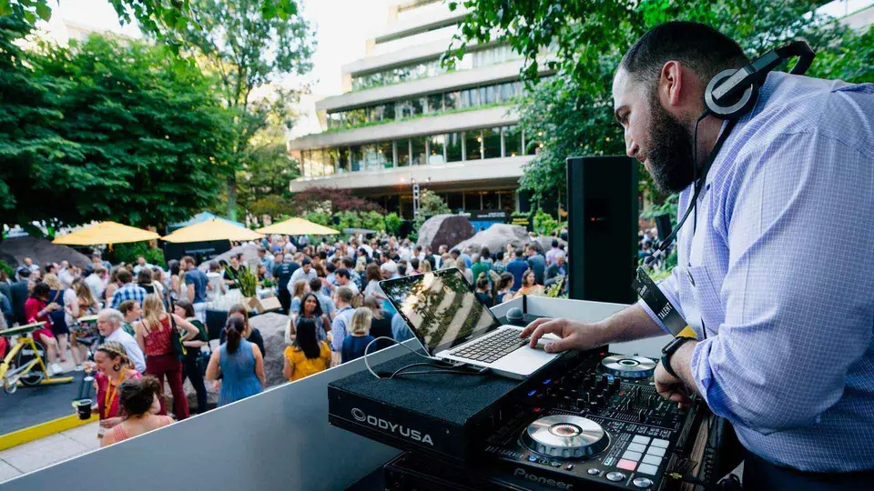 Overhead shot of a man DJ'ing