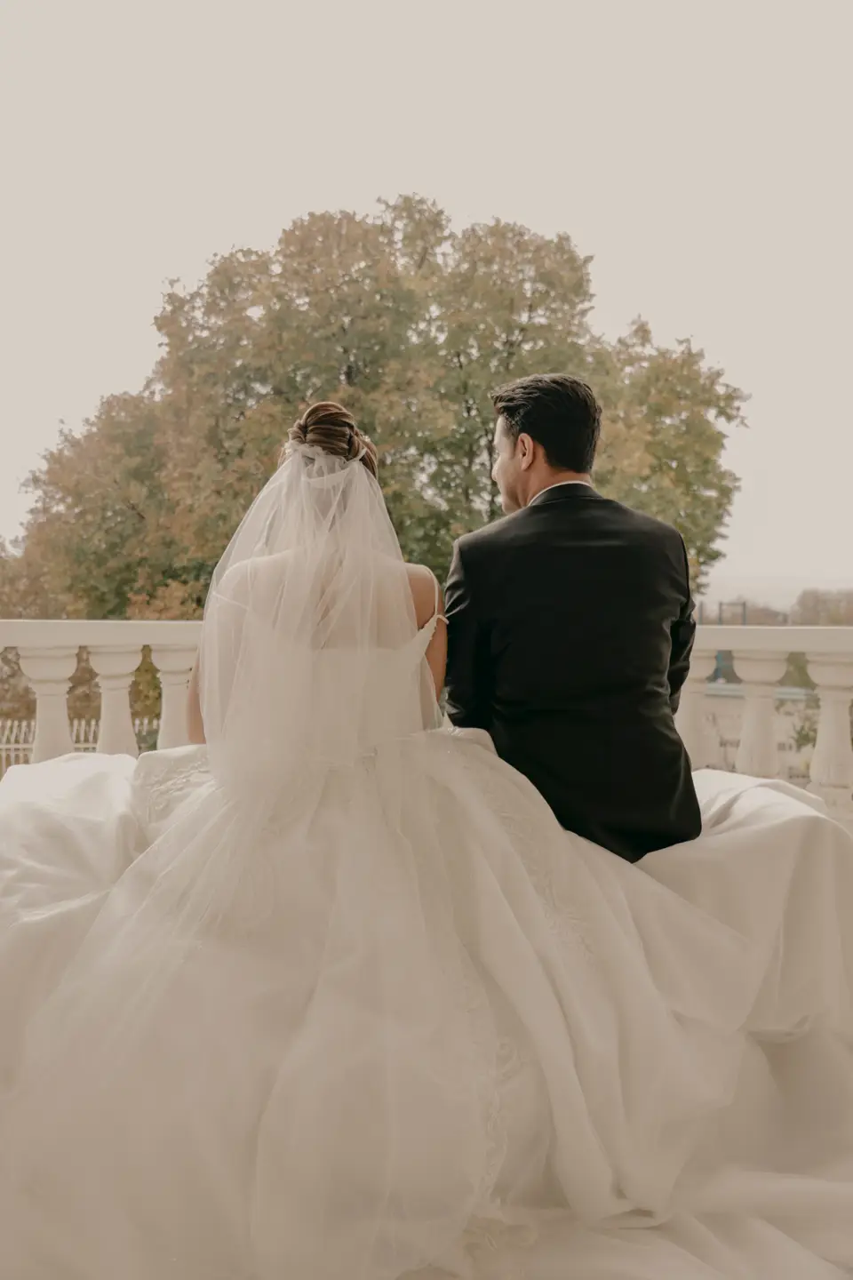 A back side shot of the bridge and groom